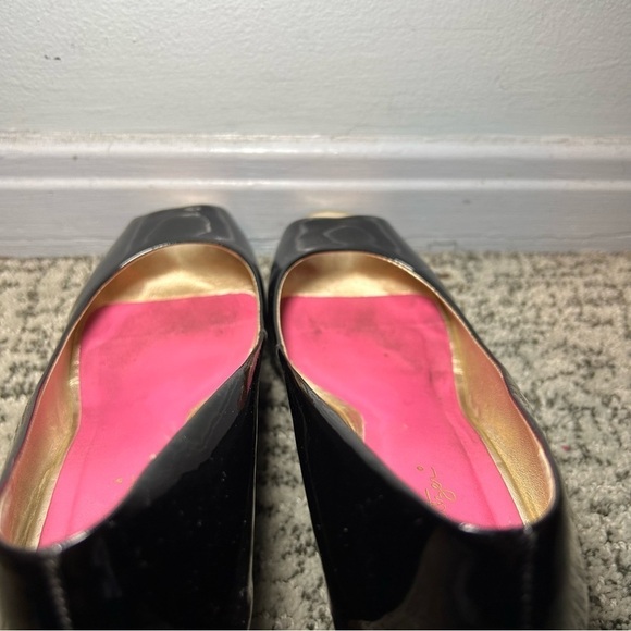 Lilly Pulitzer Black Brazil Patent Leather Glitter Peep Toe Wedges Size 8 - Picture 5 of 10